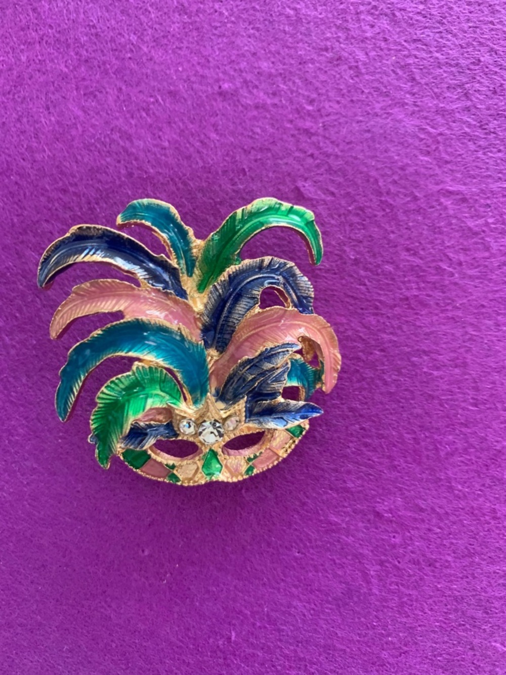 Colorful Feathered Masquerade Mask Brooch - Green Blue Pink Enamel